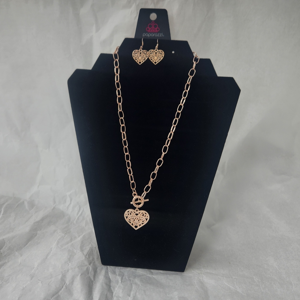 Paparazzi Rose Gold Heart Pendant Necklace & Earring Set